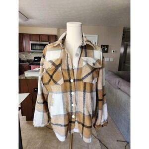 Tan‎ Plaid Shacket Womens Small Button Down Long Sleeve Shirt Jacket